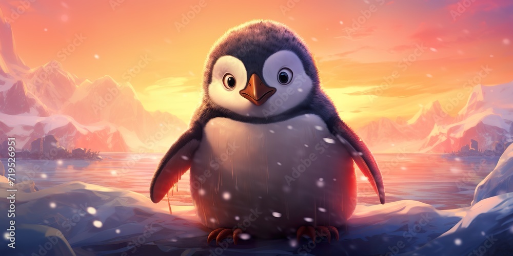 Portrait of a penguin in a snowy landscape. Playful, happy animal. Soft sunset background.