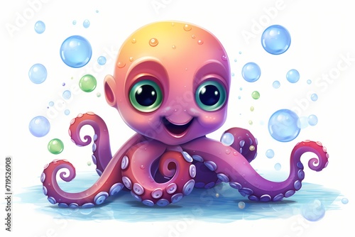 A cute, colorful cartoon octopus with a friendly expression, surrounded by bubbles, isolated on a white solid background