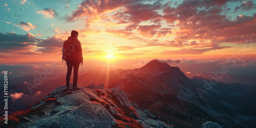 Silhouette of a person standing on a mountain with cinematic lighting during sunrise after hiking. Person standing on a mountain during sunrise