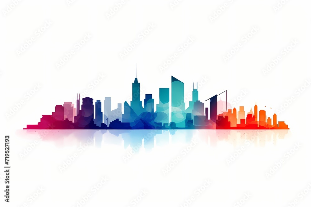 A sleek and modern vector design of a minimalist city skyline in vibrant, contrasting colors against a white solid background