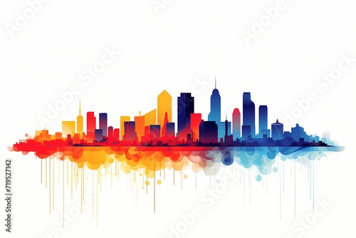 A sleek and modern vector design of a minimalist city skyline in vibrant, contrasting colors against a white solid background