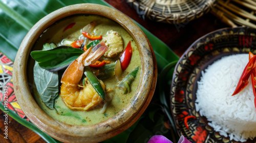 Thai green curry with prawns, vibrant and spicy, served in a traditional clay pot, accompanied by jasmine rice, in an authentic Thai restaurant setting