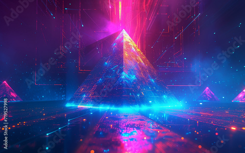 pirâmide, uma imagem colorida de fantasia com uma pirâmide, em estilo ciano escuro e âmbar, espaço infinito, inscrições em neon, © Alexandre