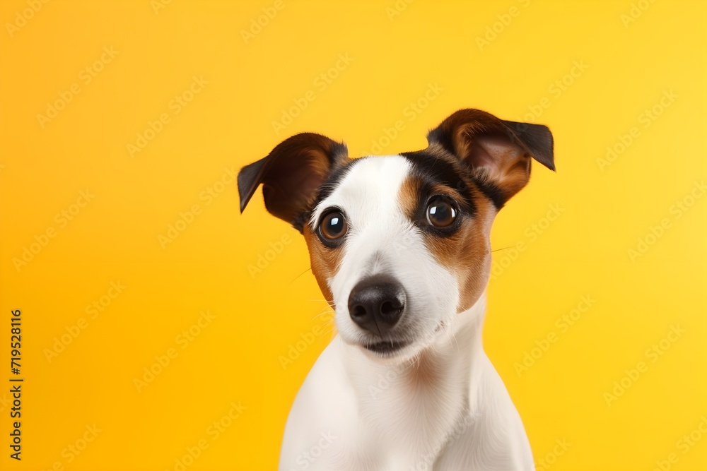Jack russell terrier dog with funny expression on yellow background, banner.