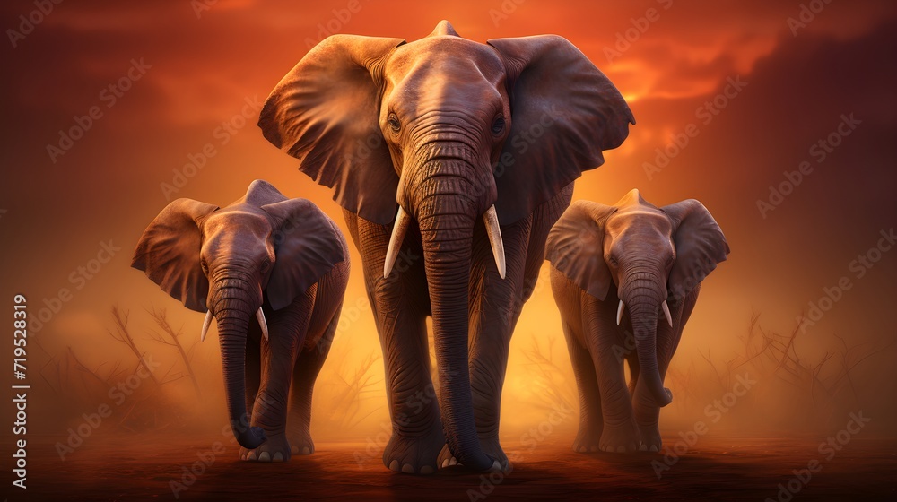 Elephants in the savanna at sunset.