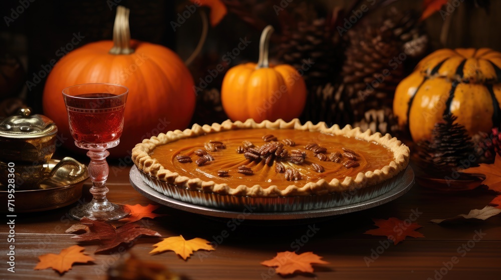 Homemade pumpkin pie on a wooden table. Round sweet pie, around a pumpkin. A traditional autumn dish.
