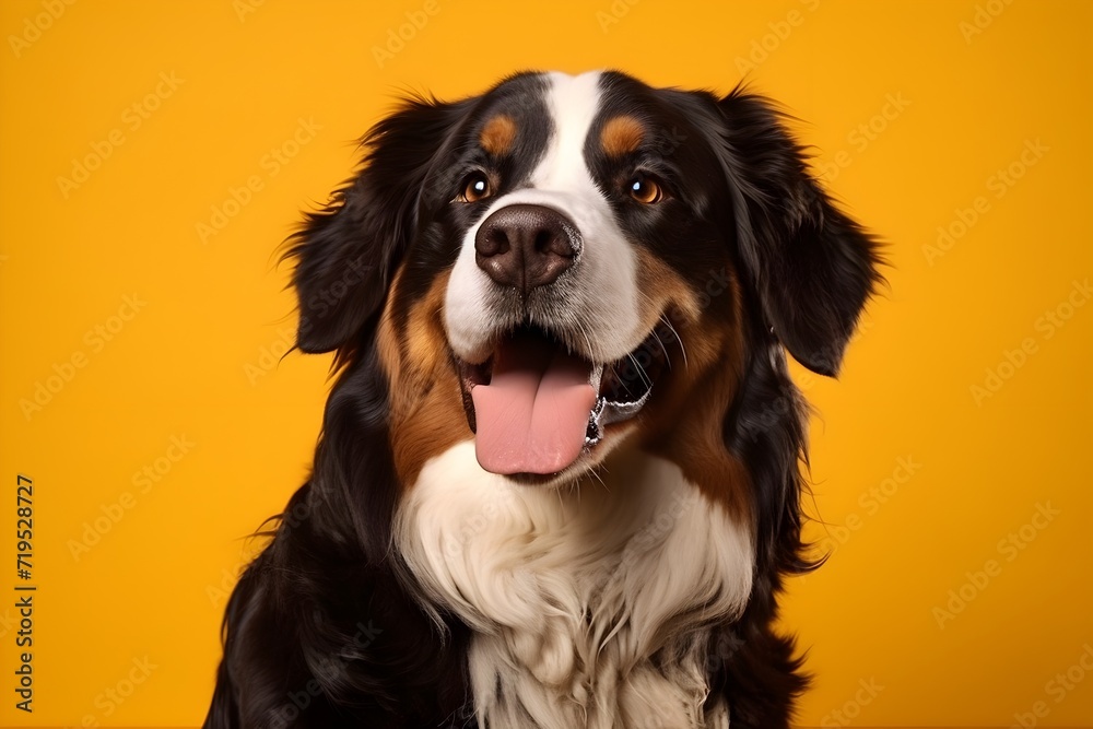 Close-up portrait of a Bernese mountain dog on a yellow background.