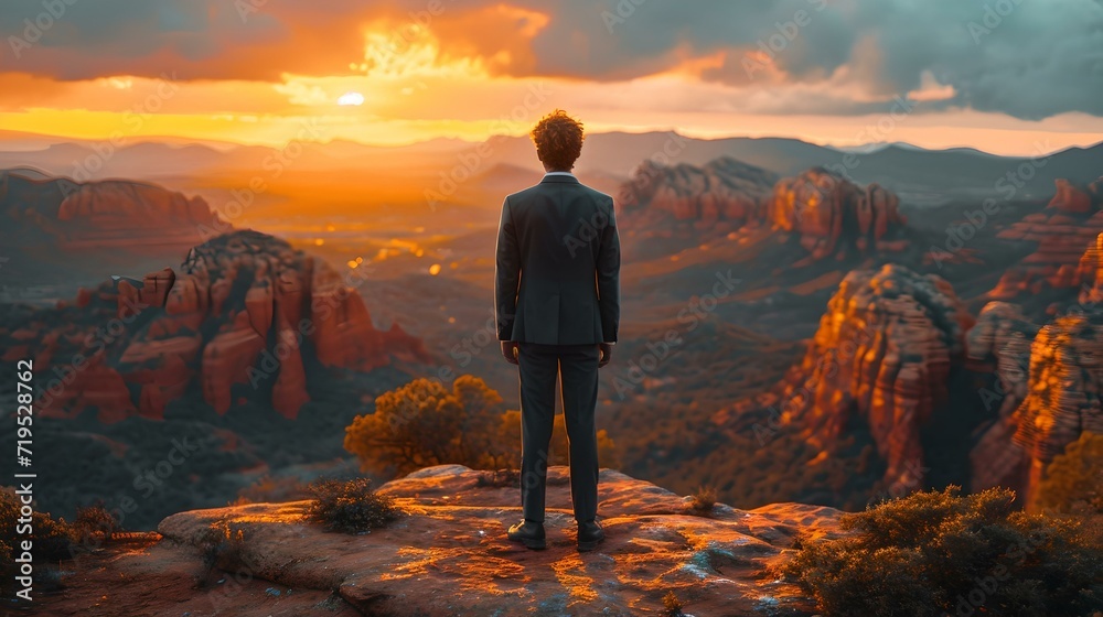 Man standing on cliff overlooking majestic sunset. landscape. inspiration and adventure. serene scenic view. digital art. AI Man standing on cliff overlooking majestic sunset. landscape. inspiration and adventure. serene scenic view. digital art. AI