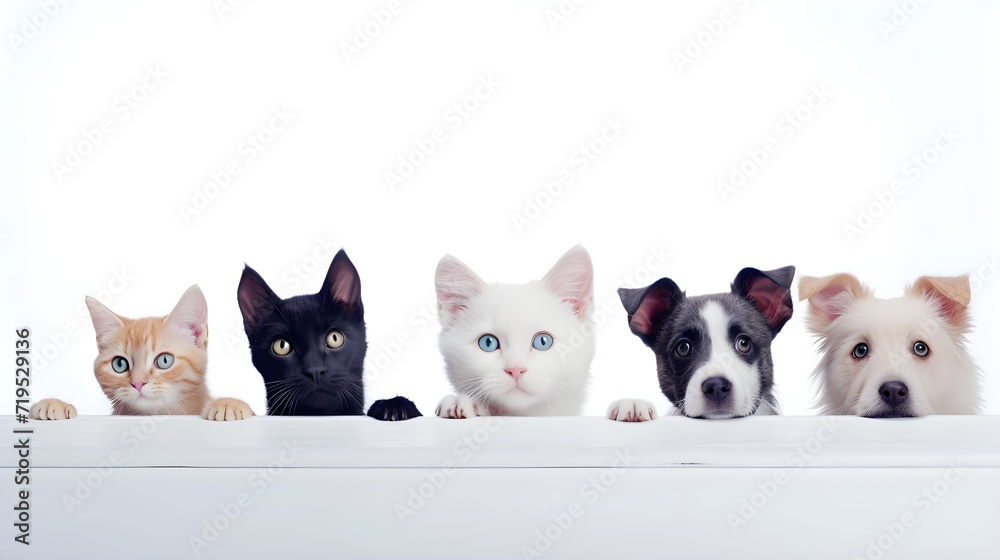 group of cats and dogs in a row on white background.