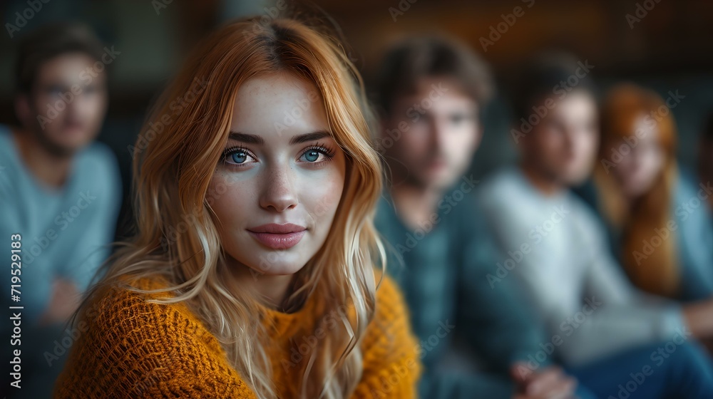 Thoughtful young woman in focus, friends gathered in blur background. casual indoor gathering. AI Thoughtful young woman in focus, friends gathered in blur background. casual indoor gathering. AI