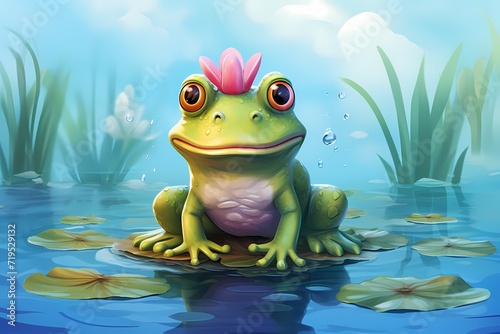 A small, cute cartoon frog wearing a crown, sitting on a water lily with colorful ripples around it, isolated on a white solid background © Hunny