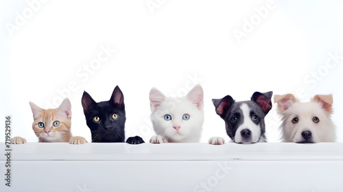 group of cats and dogs in a row on white background. © Галя Дорожинська