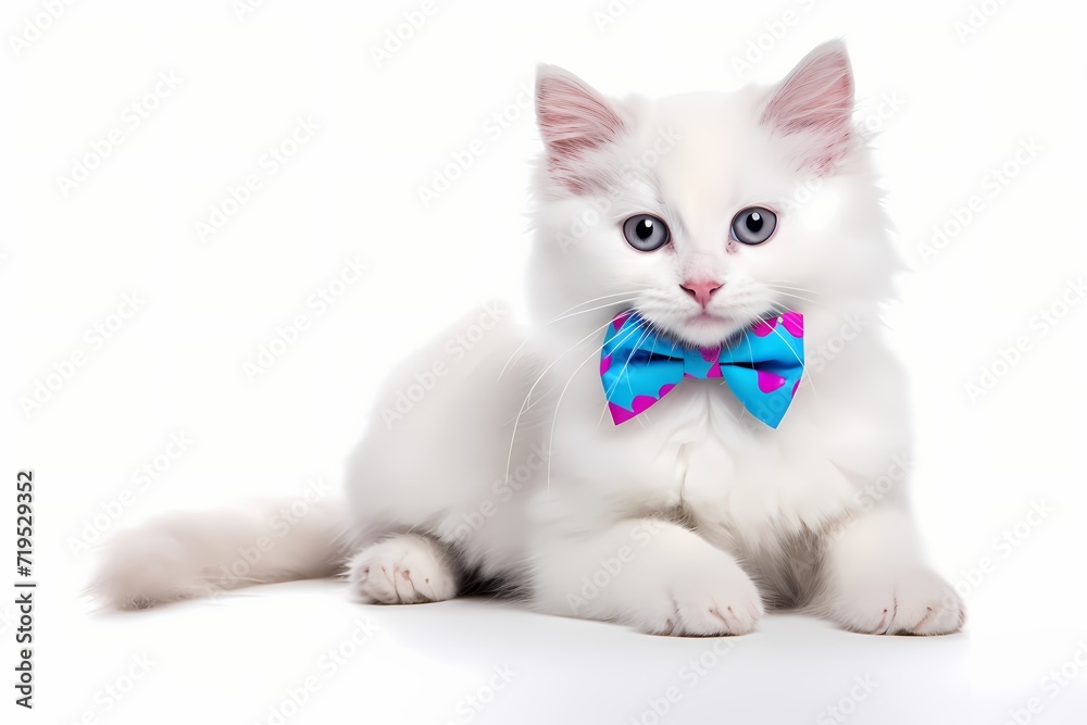 A small, white cartoon cat wearing a colorful bow tie, sitting gracefully with a curious look, isolated on a white solid background