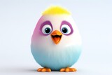 A small, white cartoon chick hatching from a colorful Easter egg, with a bright and happy expression, isolated on a white solid background