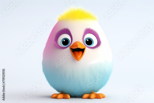 A small  white cartoon chick hatching from a colorful Easter egg  with a bright and happy expression  isolated on a white solid background