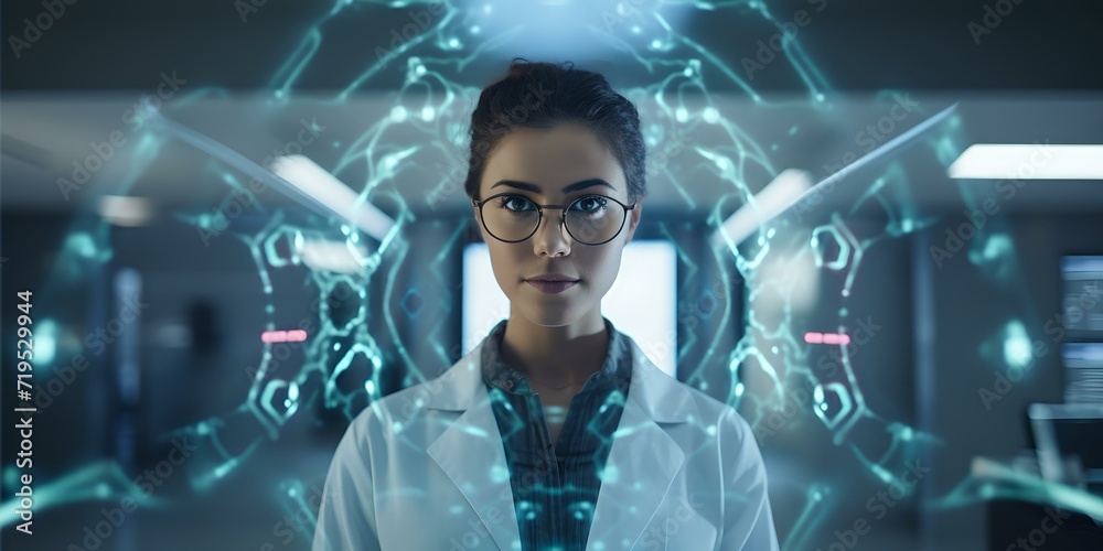 Confident female scientist with futuristic interface. modern laboratory setting. technology and innovation concept. professional and focused. AI Confident female scientist with futuristic interface. modern laboratory setting. technology and innovation concept. professional and focused. AI