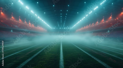 Empty football stadium illuminated by spotlights in misty night. atmospheric sports venue background. professional athletic arena with dramatic lighting. AI