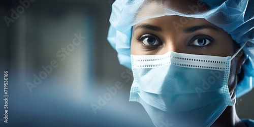 Focused healthcare professional in surgical gear, intense gaze. medical stock image portraying dedication. AI