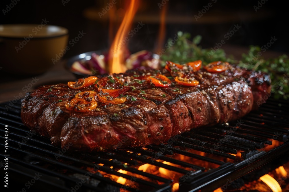 A steak on the grill with a flame in the background. Close-up of the grill. barbecue background. there generated, generative IA