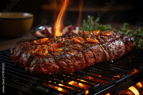 A steak on the grill with a flame in the background. Close-up of the grill. barbecue background. there generated, generative IA