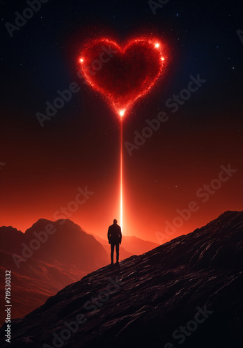 A man stands beneath a heart-shaped star  from which a bright beam is shining down to the ground.