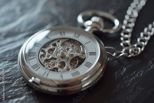 a silver pocket watch whith a hanging chain