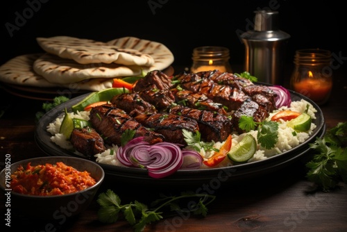 A Kebab Lamb Costeleta Dish with onion and vegetables, generative IA
