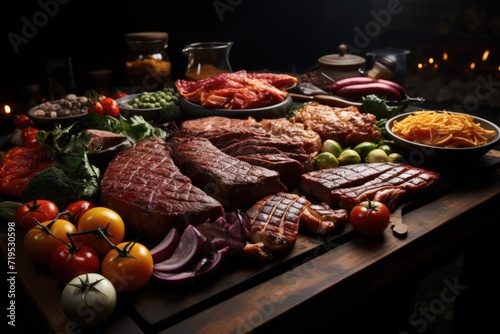 A variety of meat cuts that are cooked on the outdoor charcoal grill illustration 3D, generative IA