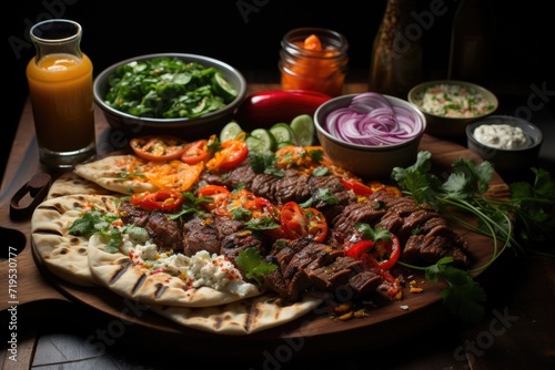 Upper Kebab Bigs View with Chopped Fried Vegetables and Chopped and Ayran in the wooden food tray, generative IA
