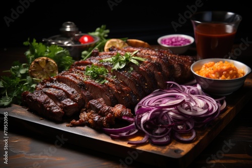 Upper view of roasted meat with purple onion on a wooden plate, generative IA