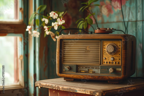 vintage wooden radio on a table