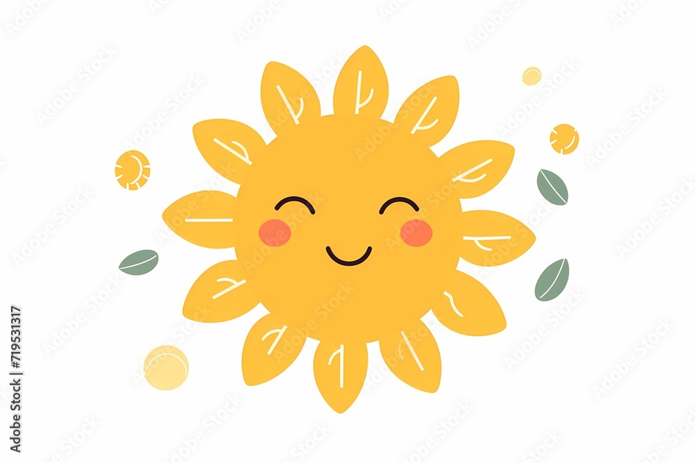 A vector illustration of a cute and cheerful sun with a simple graphic design, incorporating versatile colors that are perfect for modern or minimalist clipart Isolated on a white solid background