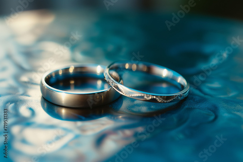 two silver wedding rings on a blue piece of fabric, in the style of distinct framing, rounded