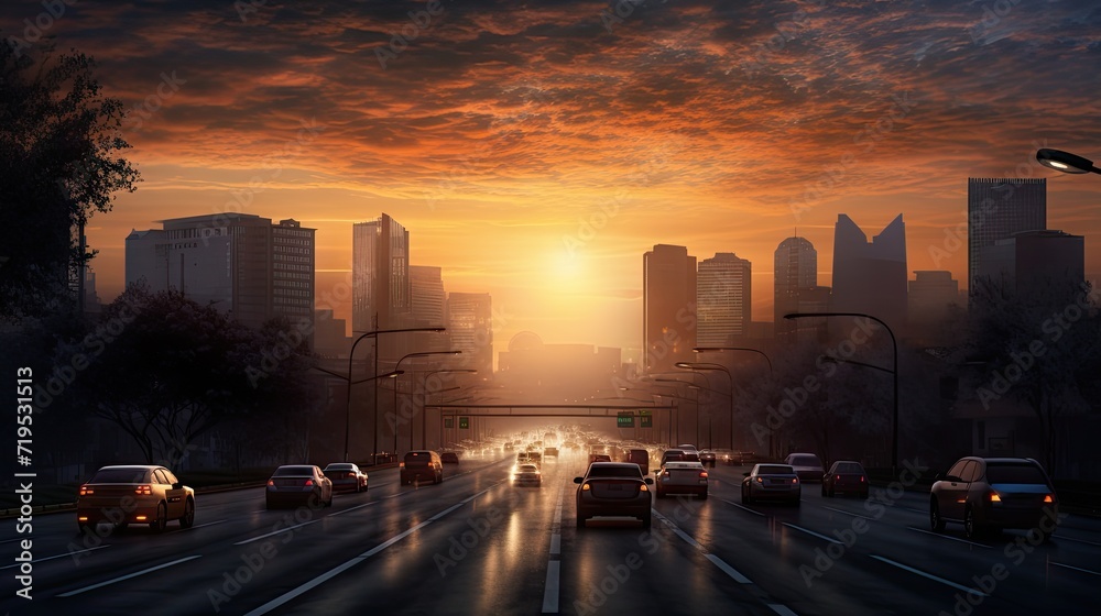 Naklejka premium Dynamic cityscape with cars in motion, weaving through morning streets, creating a lively urban scene