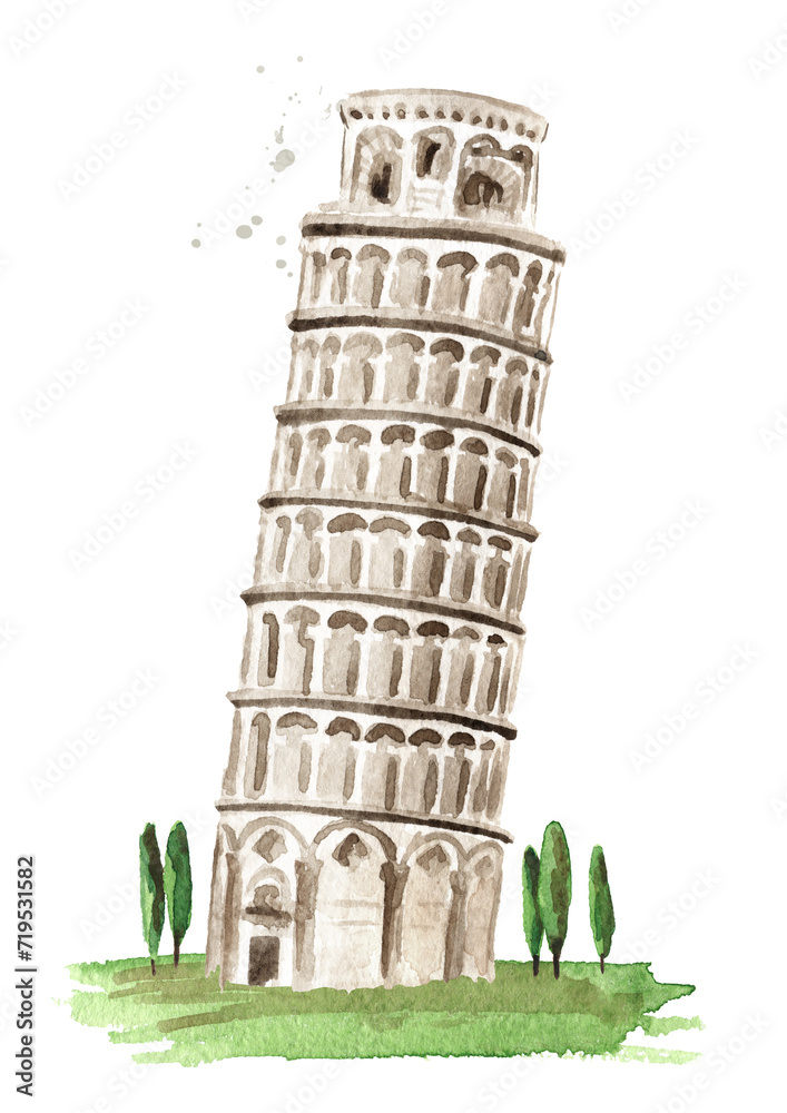 Leaning Tower of Pisa, Italian landmark. Hand drawn watercolor illustration isolated on white background 