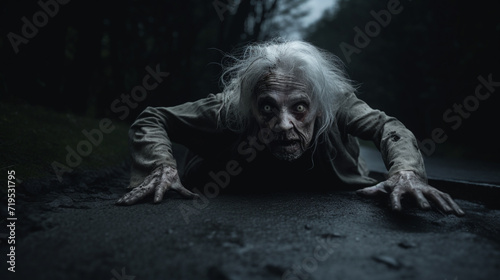 Scary elderly Senior grandma Zombie crawling on the street