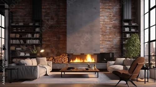 Modern office interior in loft industrial style 3d fireplace, architecture, building, interior, warehouse, bridge, structure, construction, empty, road, industrial, factory, business, industry, city © Pana