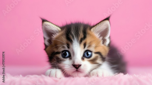 little kitten on pink background, cartoon style, Funny animal for banner, flayer, poster, card with copy space, National Pet Day. 11 April