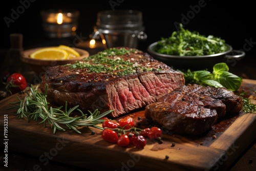 Raw rump (Brazilian picanha) in a resin wooden board with spices. Wooden table with brick wall background., generative IA