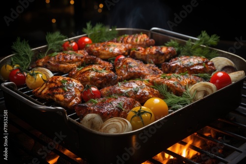Grilled chicken wings on the grill on flames with grilled vegetables in barbecue sauce with rosemary pepper seeds, salt., generative IA