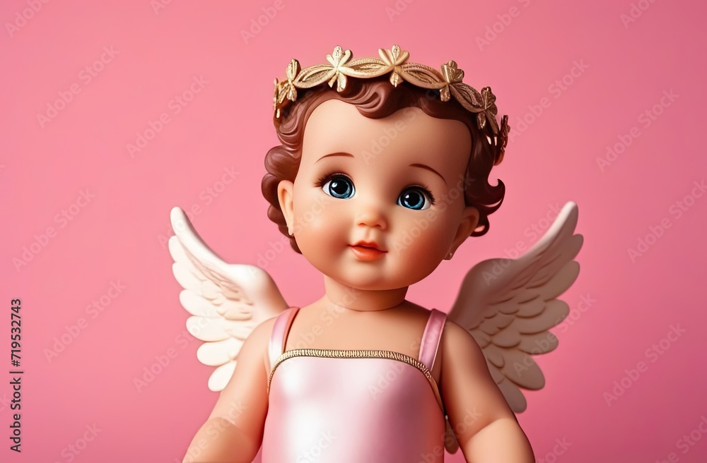 3D drawing of a little angel girl in a pink dress, small wings and a golden wreath on her head, looking straight into the frame, light blurred background, banner 3D drawing of a little angel girl in a pink dress, small wings and a golden wreath on her head, looking straight into the frame, light blurred background, banner