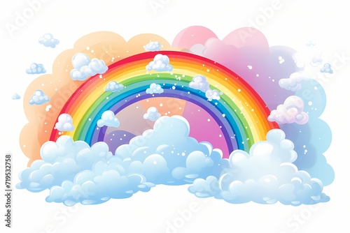 A joyful rainbow with clouds at each end, isolated on white solid background © Hunny