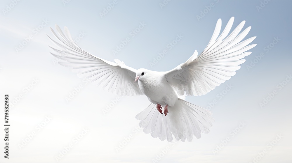 Obraz premium Wings of Peace: Free-flying white dove captured in mid-flight, isolated on a pristine white background, embodying the essence of peace and freedom.