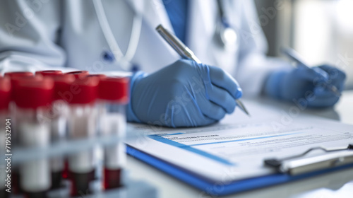 Close-up view of a healthcare professional's hands wearing blue gloves, writing on a medical report, with test tubes filled with blood samples in the background