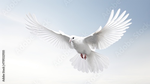 Wings of Peace: Free-flying white dove captured in mid-flight, isolated on a pristine white background, embodying the essence of peace and freedom. © pvl0707