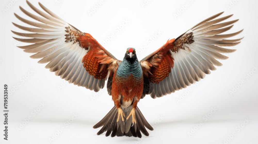 Fototapeta premium portrait of a hunted pheasant, isolated on a white background, showcasing the beauty and intricacy of a hunter's prized capture