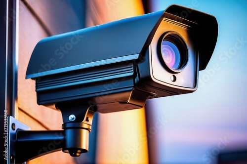 Modern CCTV Camera on a building close up with selective focus at dusk