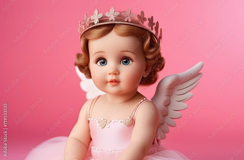 3D drawing of a little sitting angel girl in a pink elegant dress, small wings and a wreath on her head, light blurred background, banner