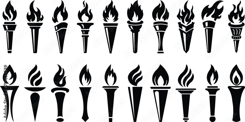 Torch and flame icons in flat style set. isolated on transparent background. The symbol of victory, success or achievement. Olympic burning torch in the Eiffel Tower. World Games. vector for apps web - obrazy, fototapety, plakaty 