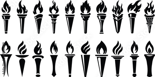 Torch and flame icons in flat style set. isolated on transparent background. The symbol of victory, success or achievement. Olympic burning torch in the Eiffel Tower. World Games. vector for apps web
